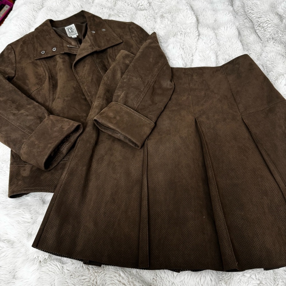 Vintage Y2K Michel Klein Paris Perforated Leather Jacket & Skirt Set | Brown
